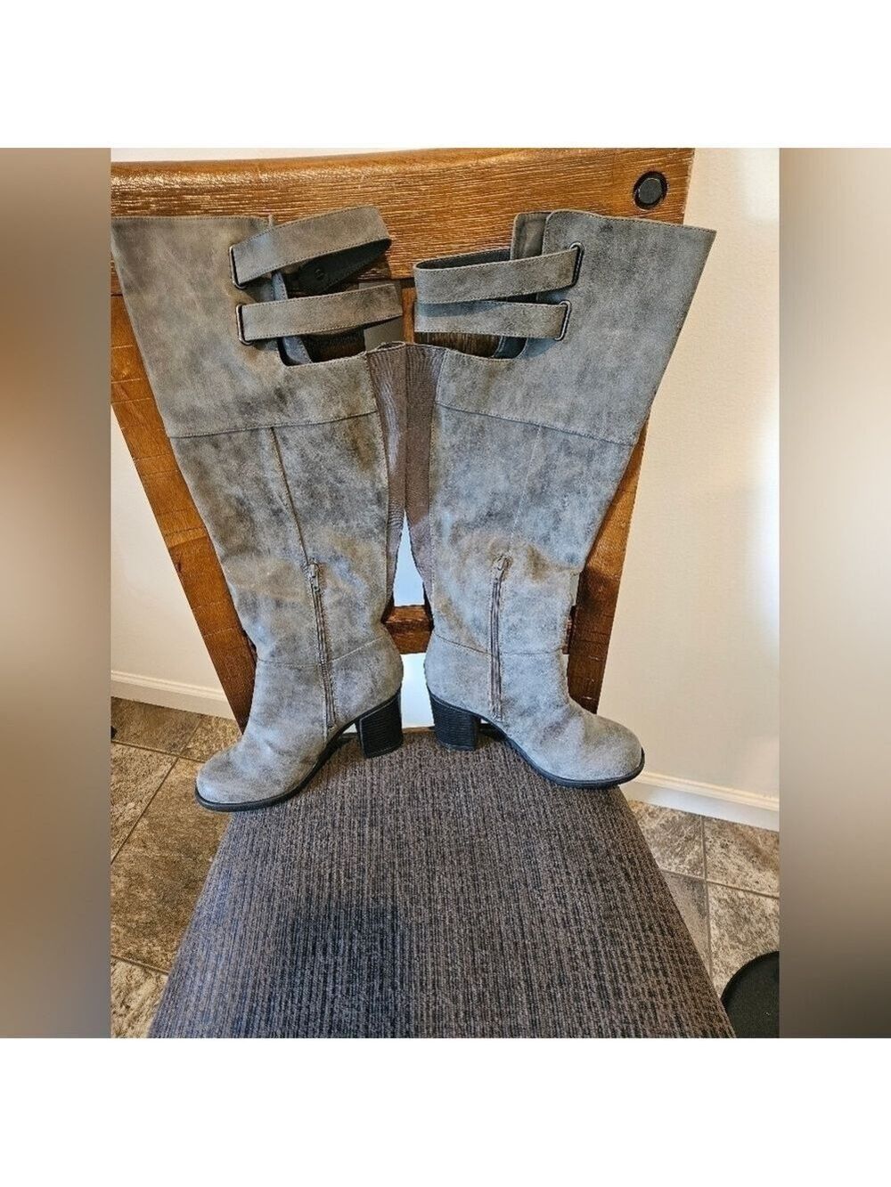 NWT WOMEN'S GREY DISTRESSED DOUBLE STRAP OVER THE KNEE HEELED BOOTS SIZE 8W